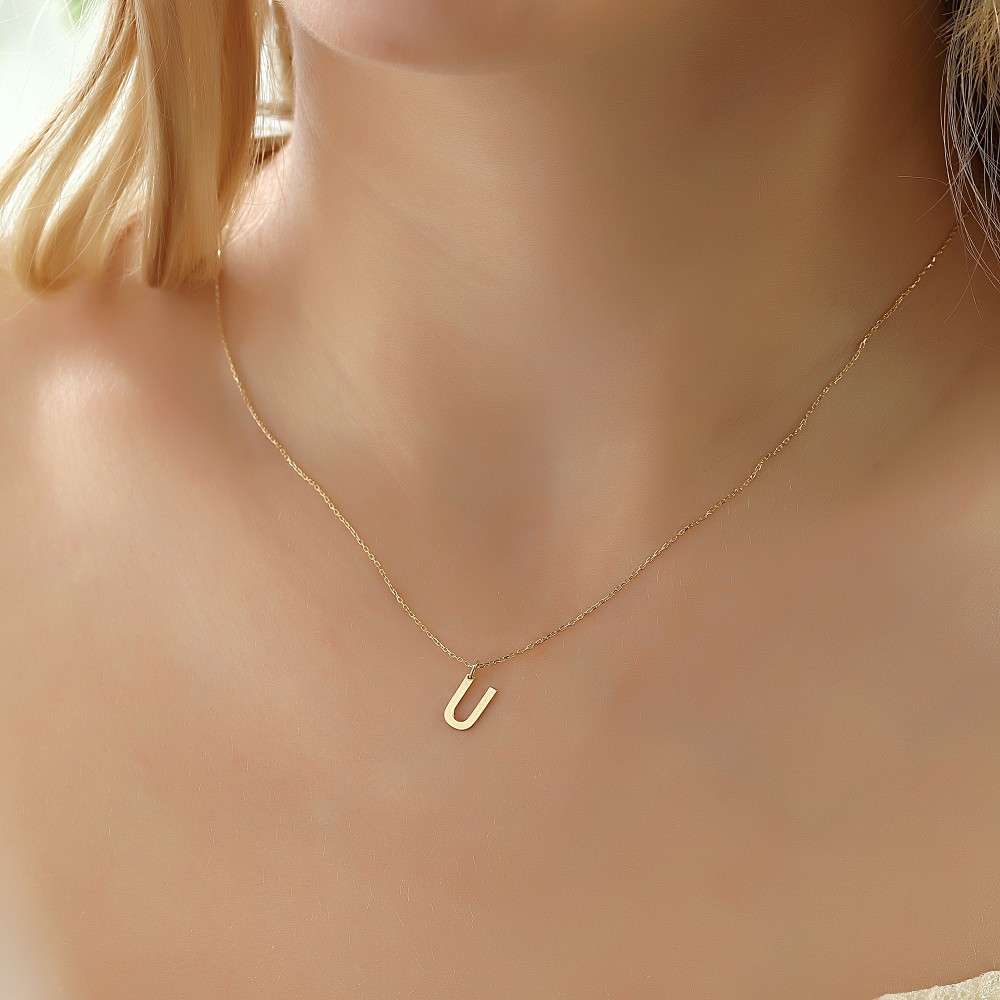 Glorria 14k Solid Gold Letter U Necklace