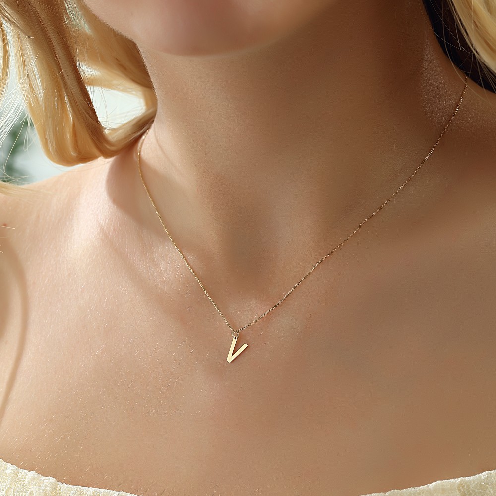 Glorria 14k Solid Gold Letter V Necklace