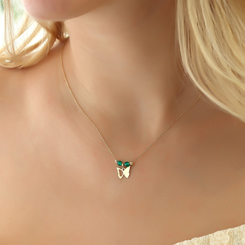 Glorria 14k Solid Gold Color Stone Butterfly Necklace