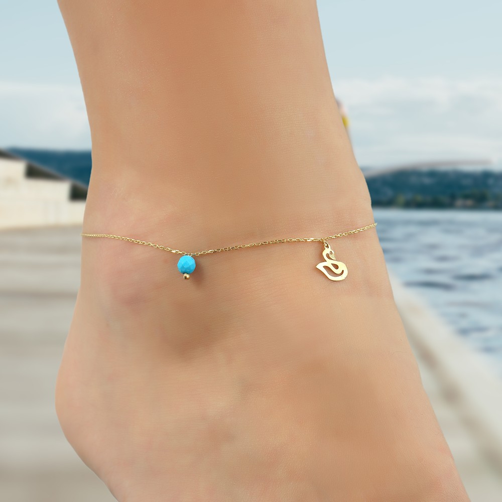 Glorria 14k Solid Gold Turquoise Stone Swan Anklet