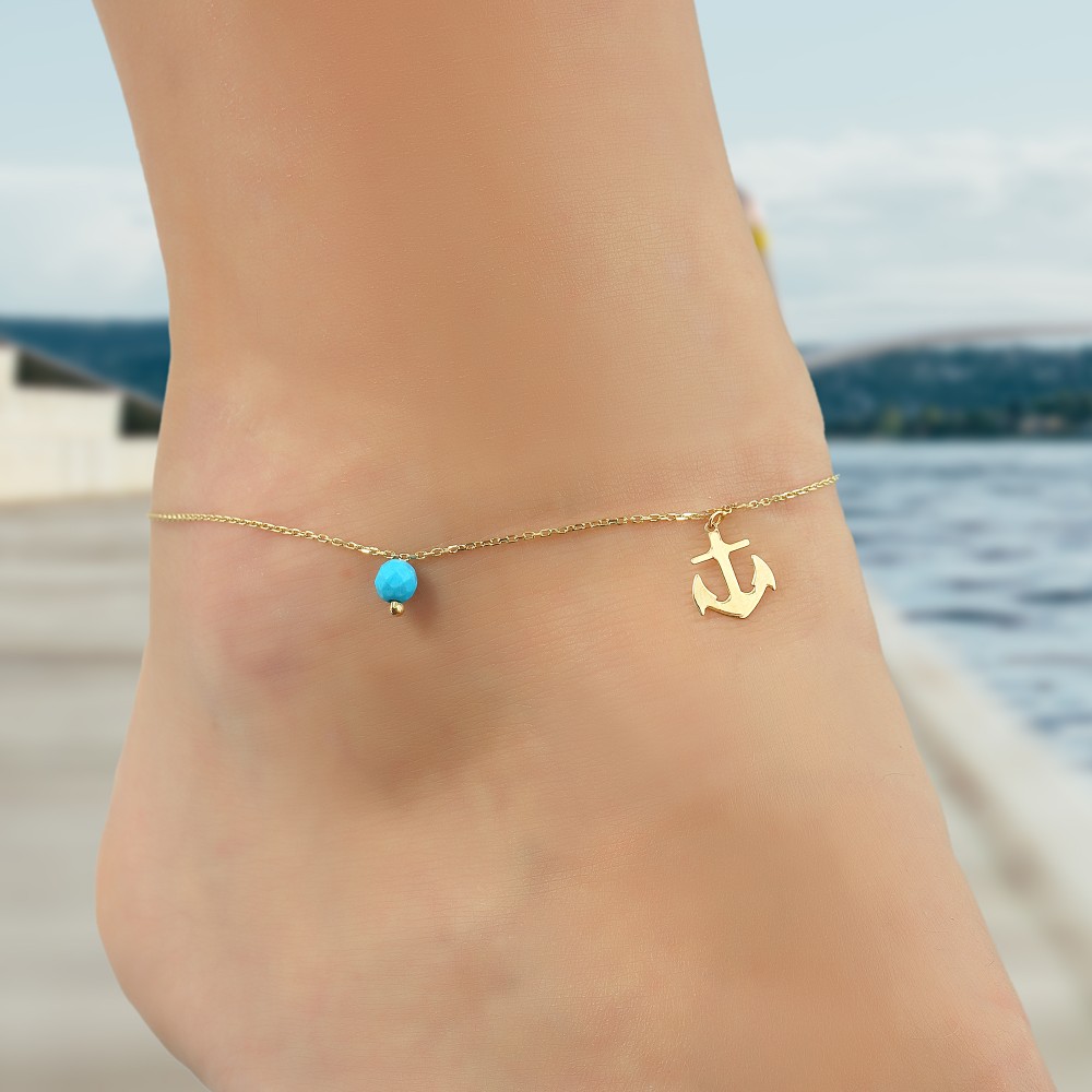 Glorria 14k Solid Gold Turquoise Stone Anchor Anklet