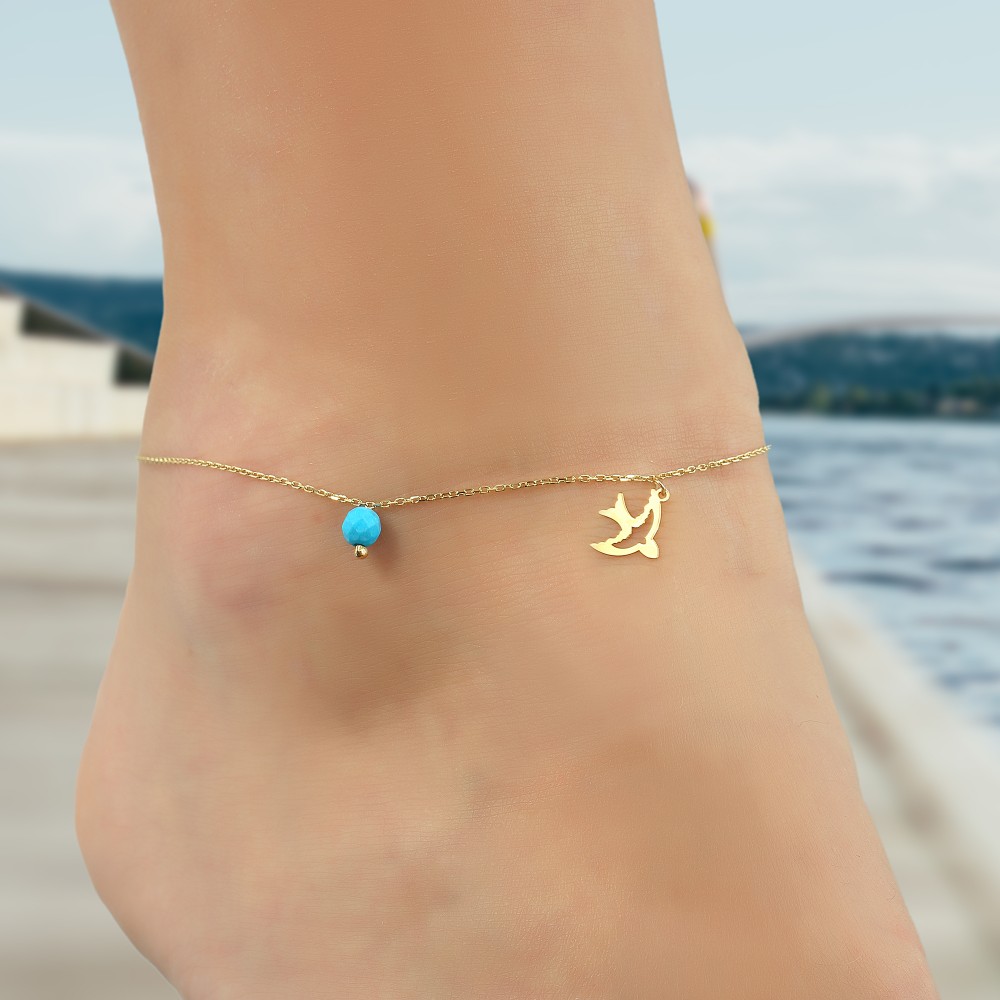 Glorria 14k Solid Gold Turquoise Stone Bird Anklet