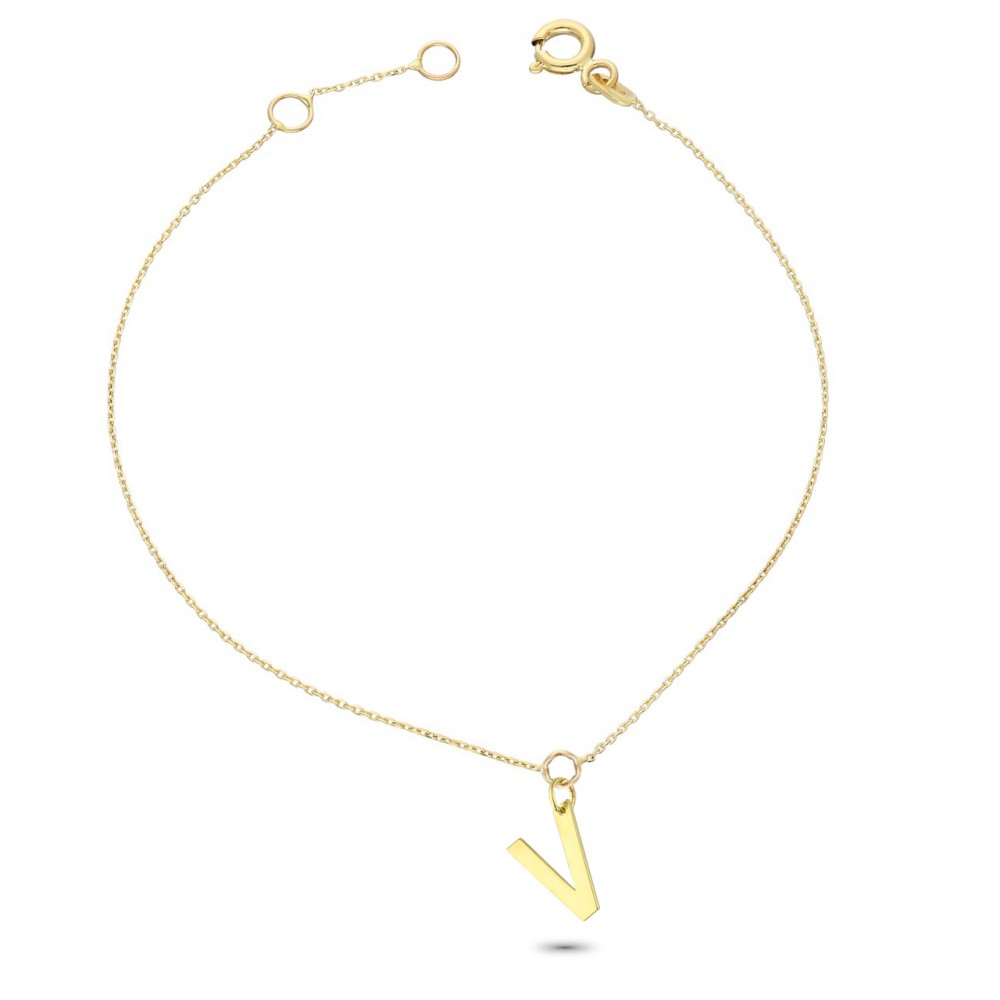 Glorria 14k Solid Gold Letter V Bracelet