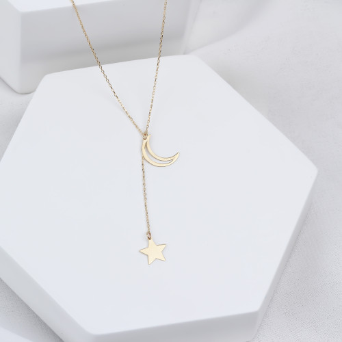 Glorria 14k Solid Gold Moon Star Necklace