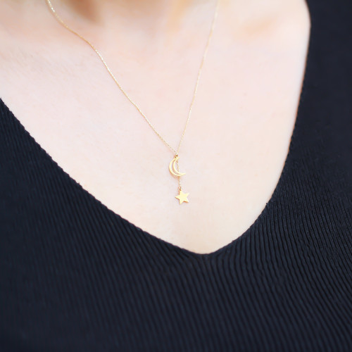 Glorria 14k Solid Gold Moon Star Necklace