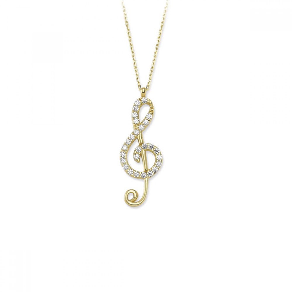 Glorria 14k Solid Gold Treble Clef Pave Necklace