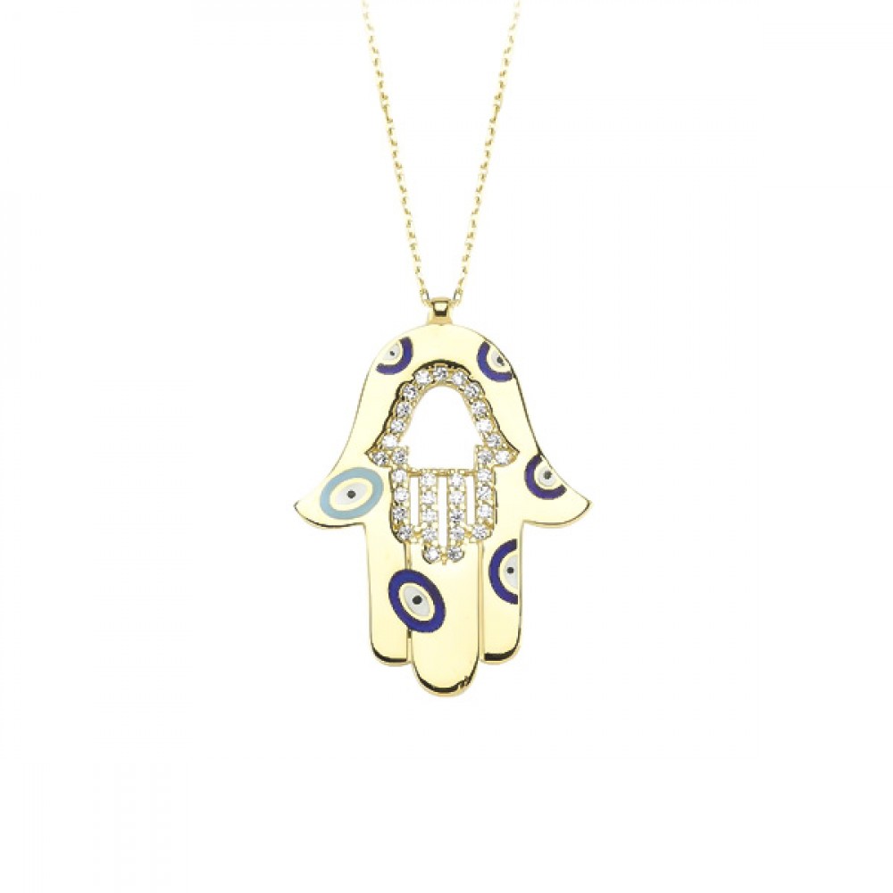 Glorria 14k Solid Gold Hamsa Hands Evil Eye Pave Necklace Glorria 14k Solid Gold Hamsa Hands Evil Eye Pave Necklace