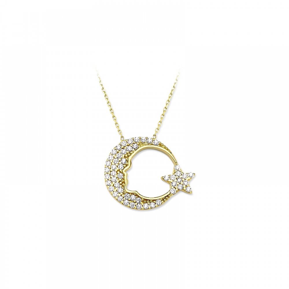 Glorria 14k Solid Gold Atatürk Silhouette Star and Crescent Necklace