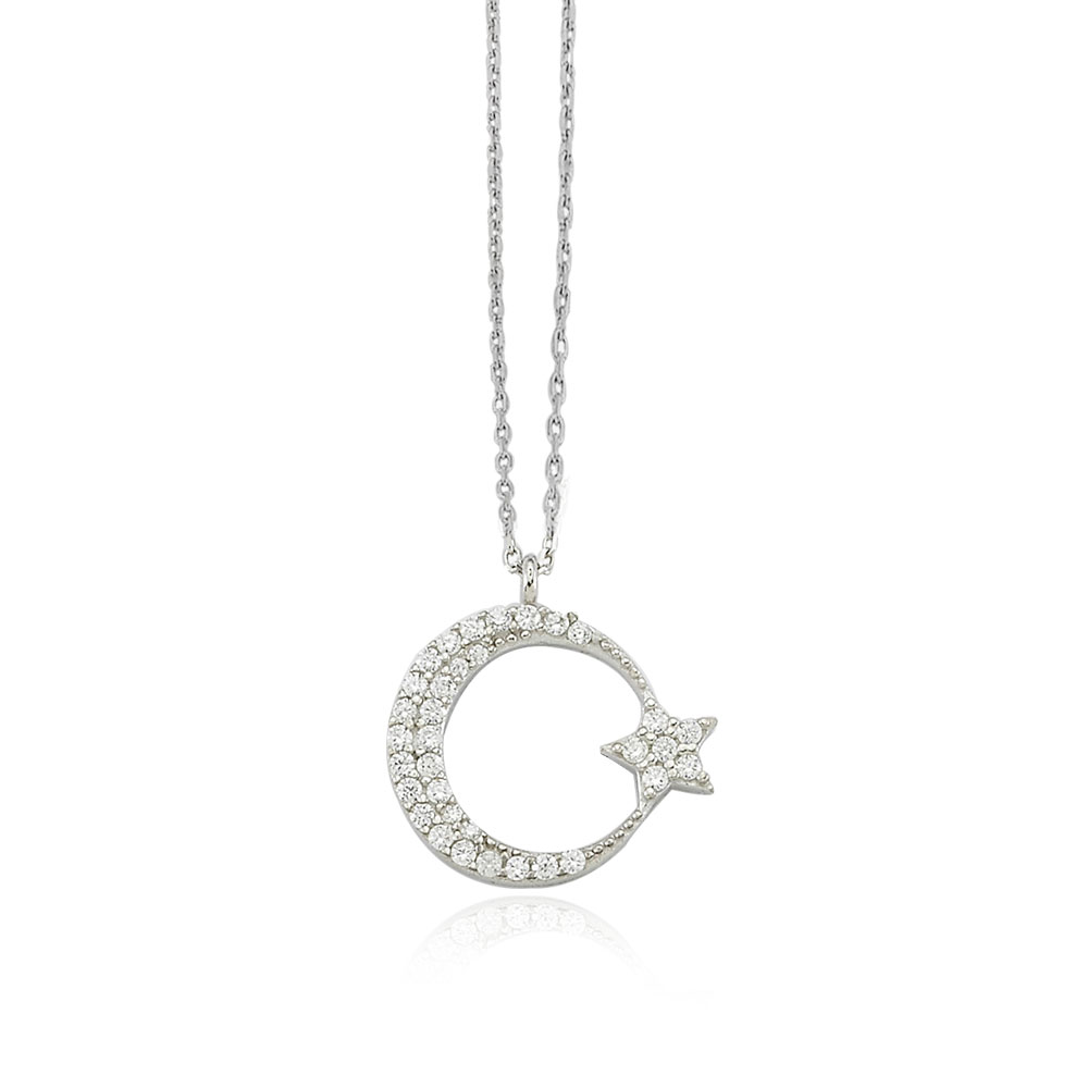 Glorria 925k Sterling Silver Crescent And Star Necklace