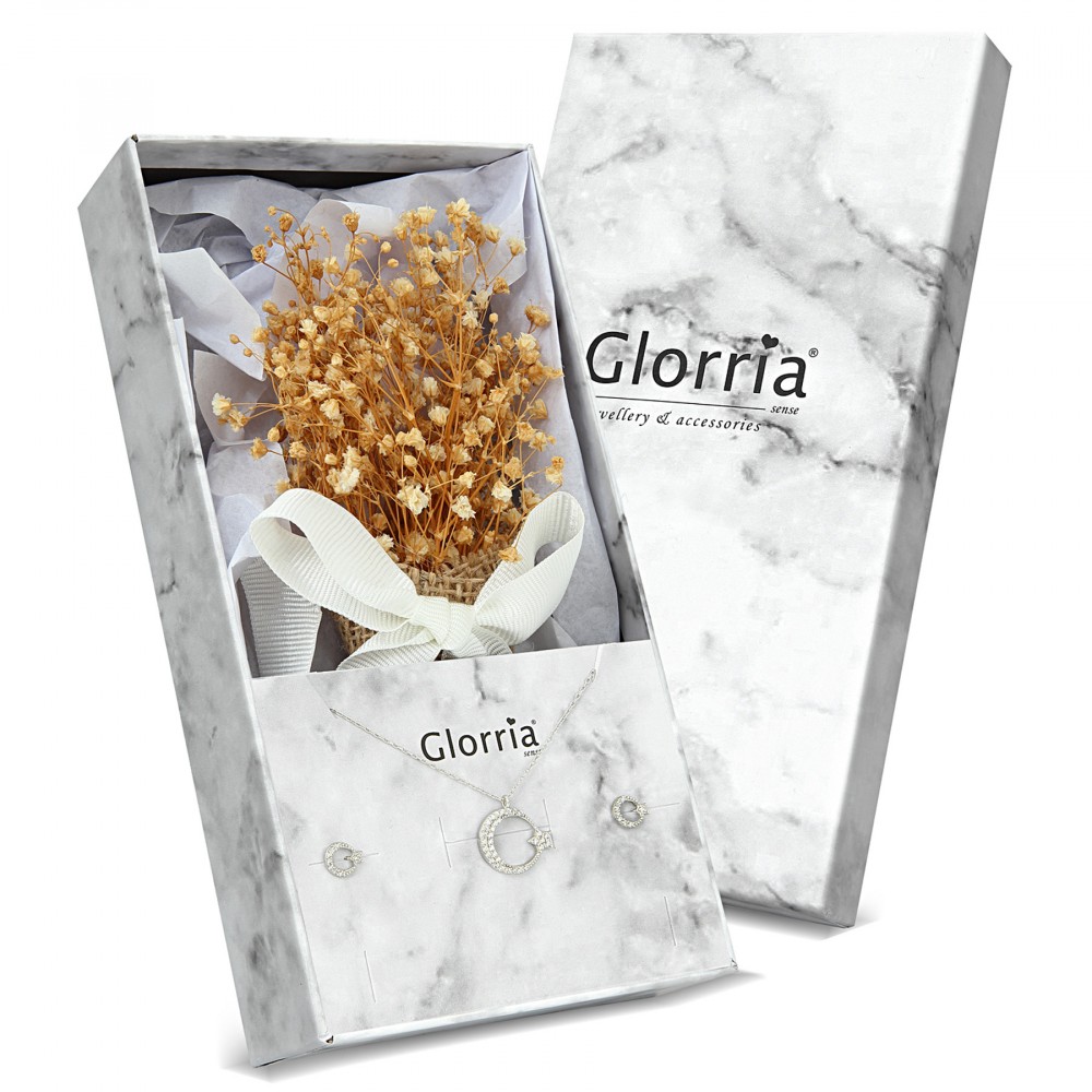 Glorria 925k Sterling Silver Moon and Star Necklace, Earrings, Flower Gift Set