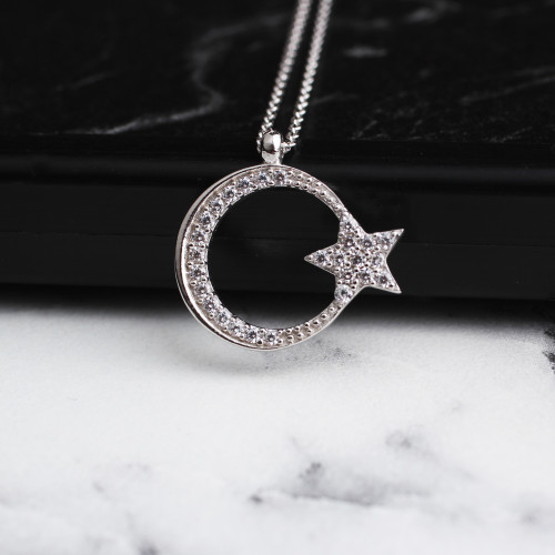 Glorria 925k Sterling Silver Crescent And Star Necklace Glorria 925k Sterling Silver Crescent And Star Necklace